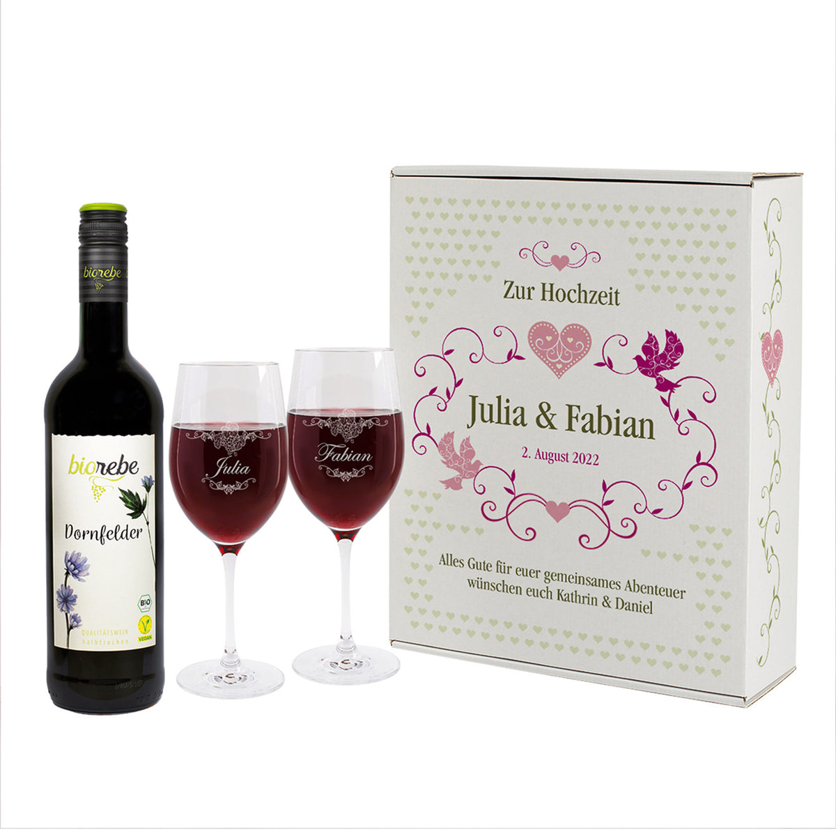 Geschenk Set zur Hochzeit - Weingläser und Biorebe Wein Flasche in persönlichem Geschenkkarton