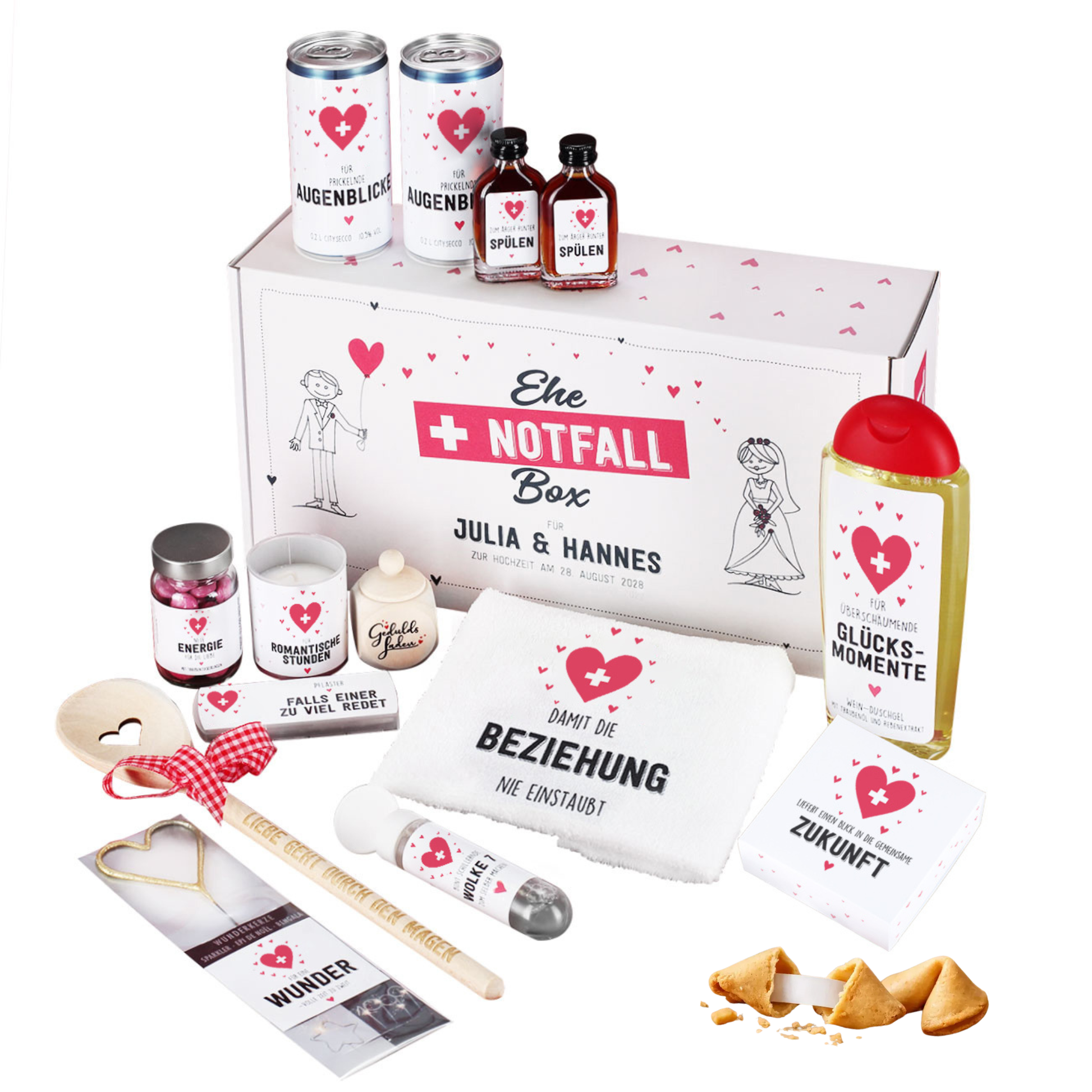 Ehe-Notfall-Box - Erste Hilfe Geschenk zur Hochzeit mit Inhalt auf weißem Hintergrund