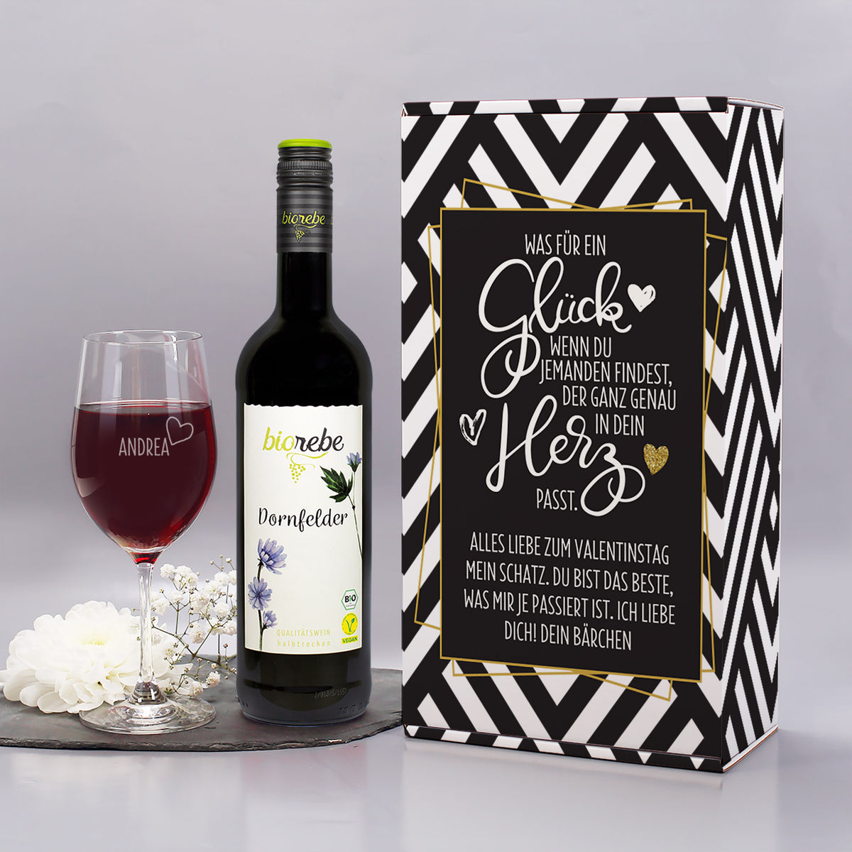 Was für ein Glück - Wein Geschenkset mit Weinglas und Geschenkbox | Biorebe Genuss