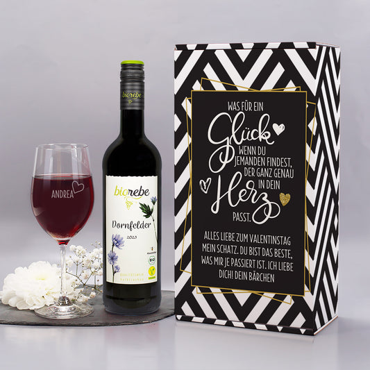 Was für ein Glück - Wein Geschenkset mit Weinglas und Geschenkbox | Bienenfreundlicher Biorebe