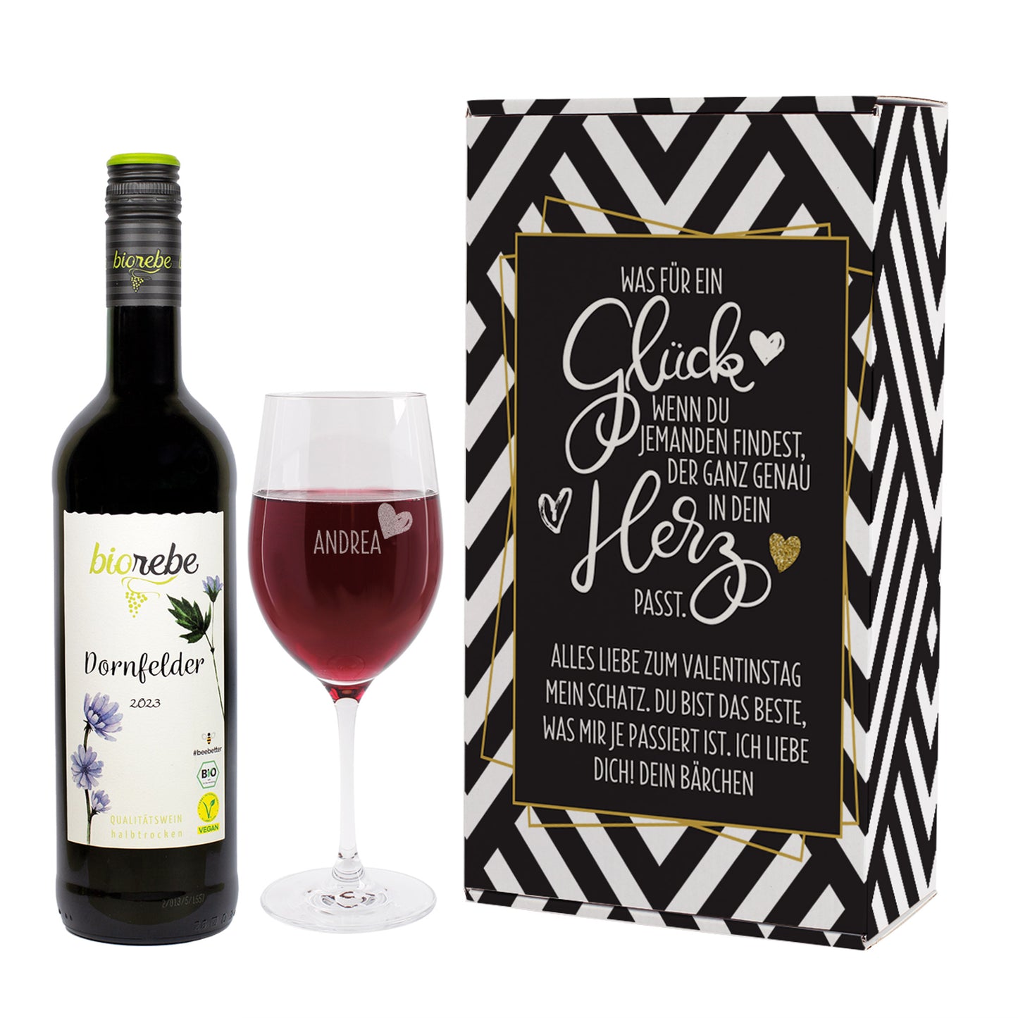 Was für ein Glück - Wein Geschenkset mit Weinglas und Geschenkbox | Bienenfreundlicher Biorebe