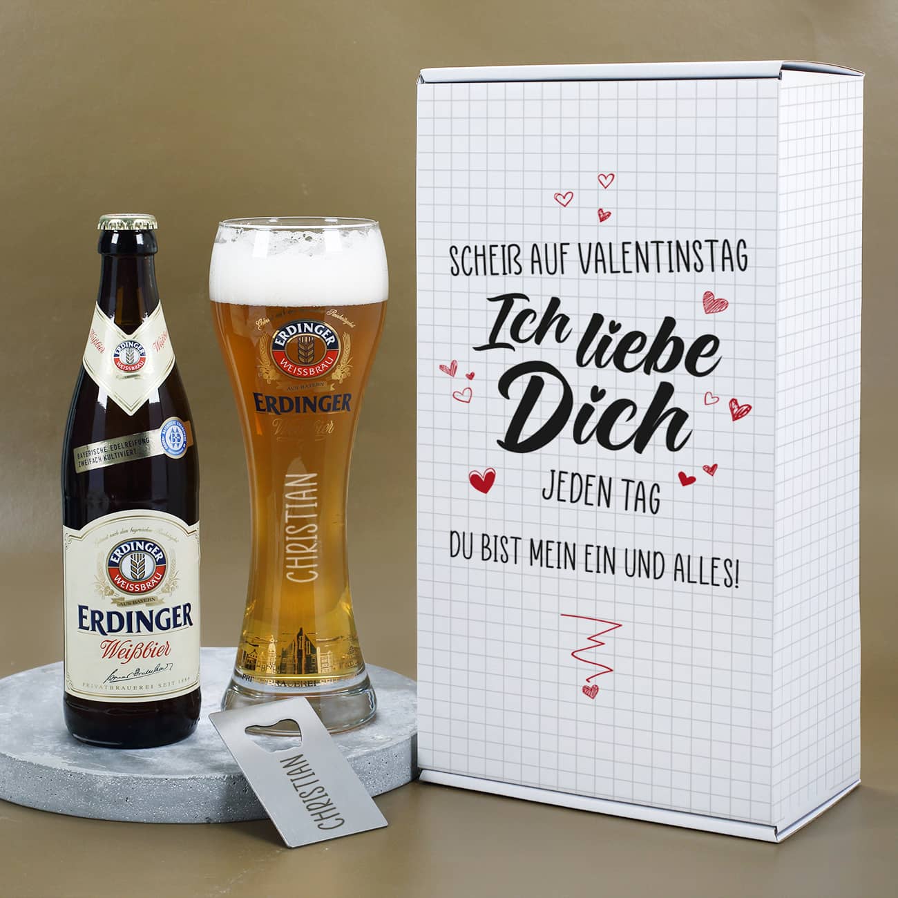 Valentinstag Geschenkset mit Erdinger Bier, Weizenglas, Flaschenöffner und Geschenkbox