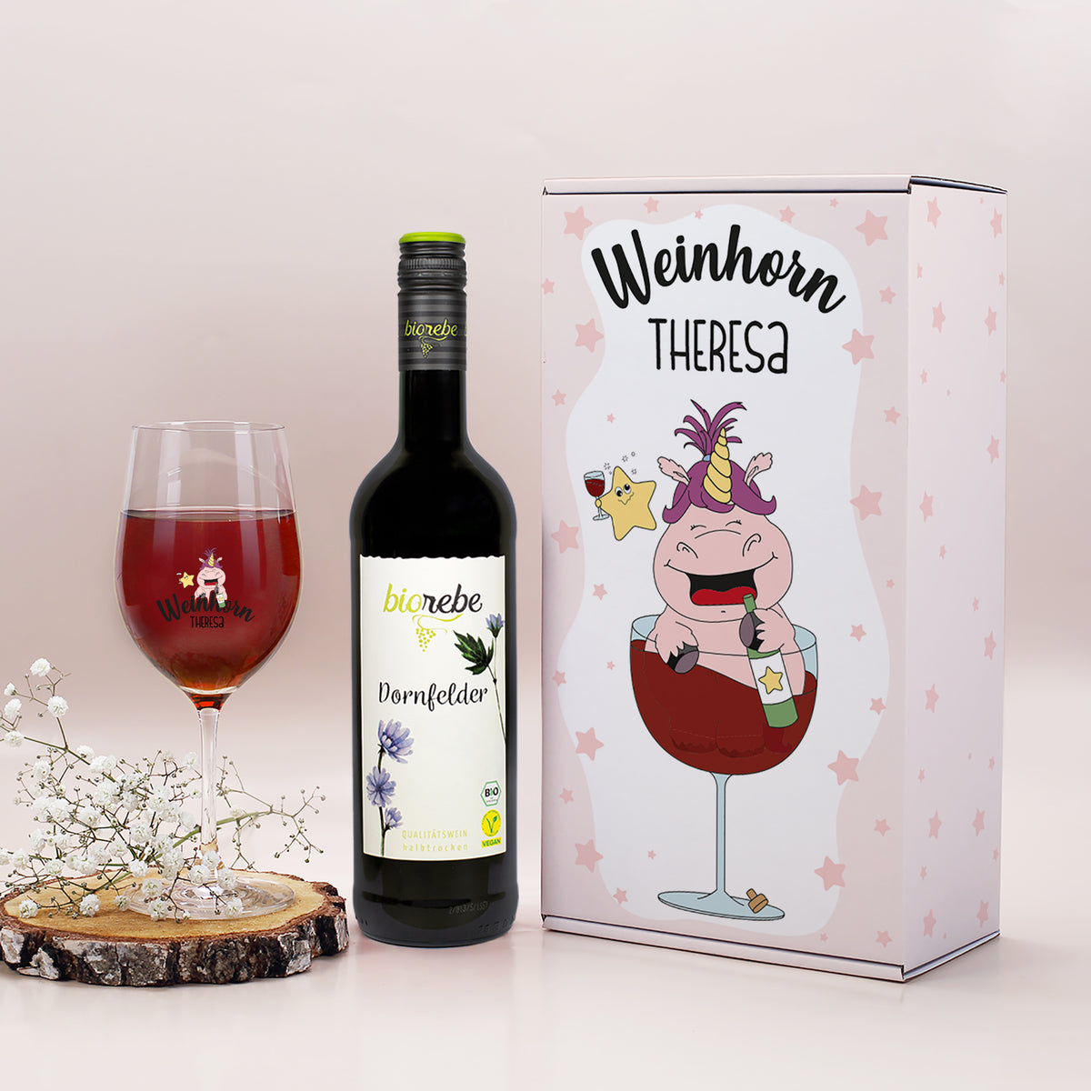 Weinhorn Geschenkset mit Leonardo Weinglas und Biorebe Wein | Weißwein, Rotwein, Rosé