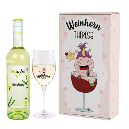 Weinhorn Geschenkset mit Leonardo Weinglas und Biorebe Wein | Weißwein, Rotwein, Rosé