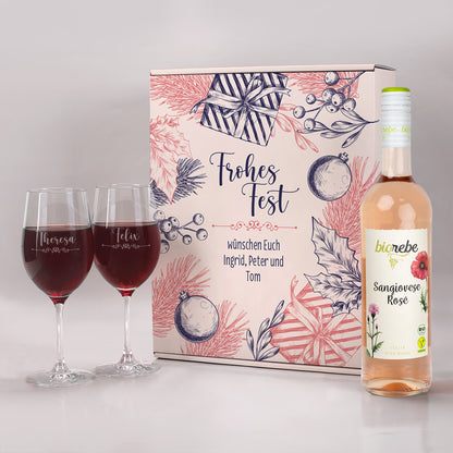 Geschenk Set zu Weihnachten mit 2 Weingläsern und Biorebe Wein in Geschenkverpackung
