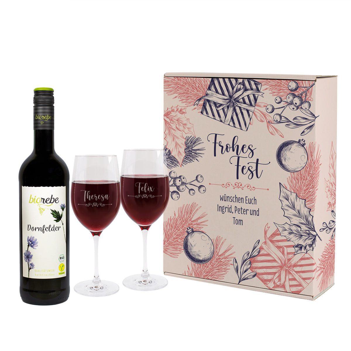 Geschenk Set zu Weihnachten mit 2 Weingläsern und Biorebe Wein in Geschenkverpackung