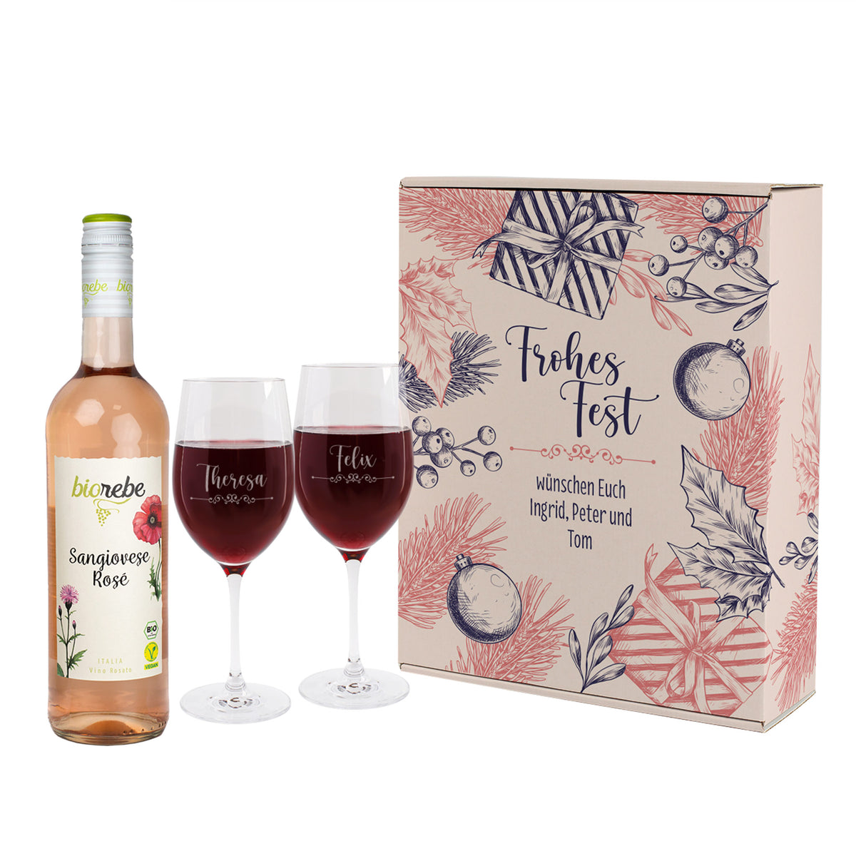 Geschenk Set zu Weihnachten mit 2 Weingläsern und Biorebe Wein in Geschenkverpackung