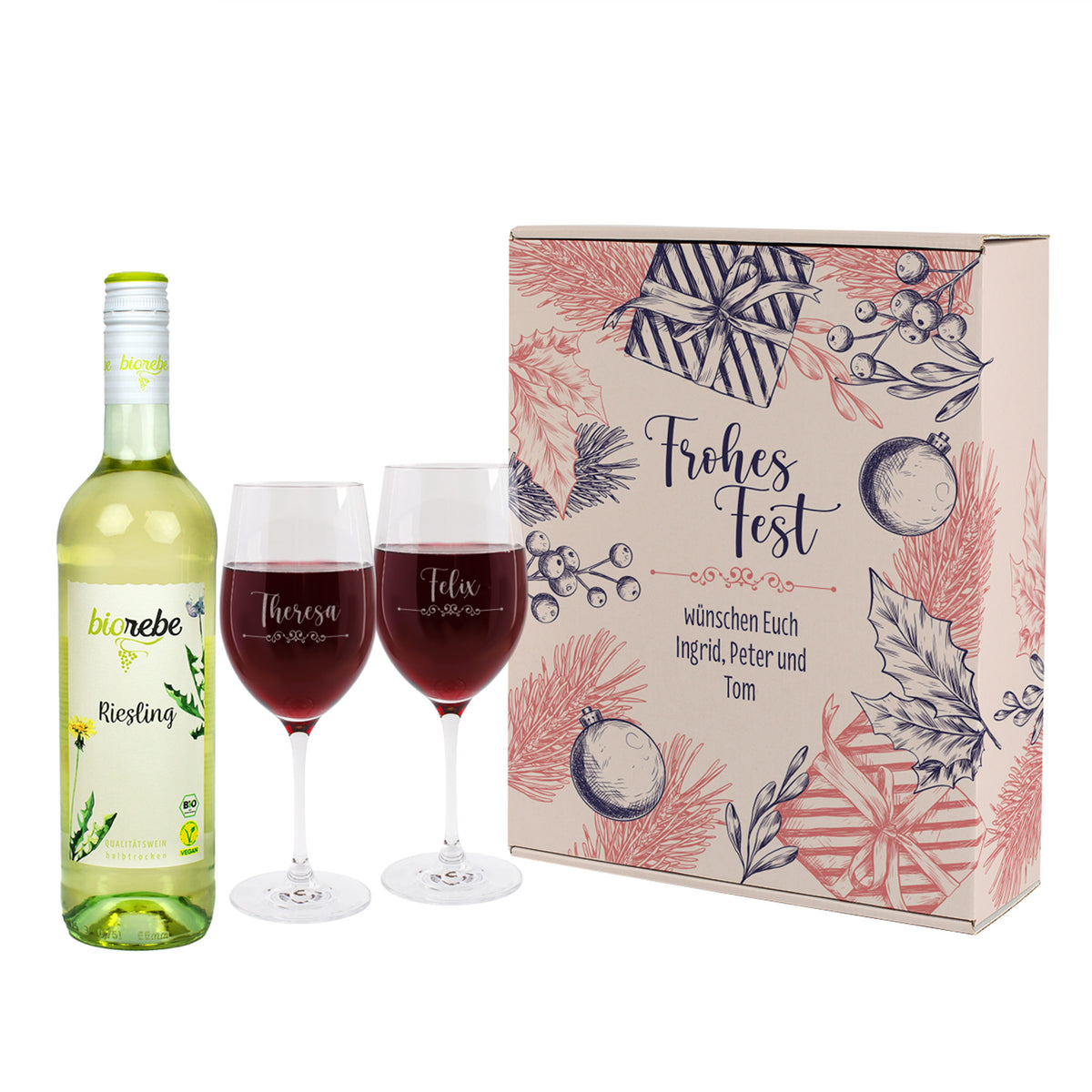 Geschenk Set zu Weihnachten mit 2 Weingläsern und Biorebe Wein in Geschenkverpackung