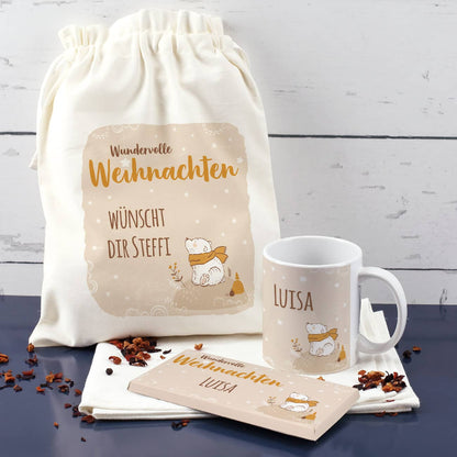 Wundervolle Weihnachten Geschenkset mit Tasse, Schokolade und Baumwollsack mit Eisbär Motiv