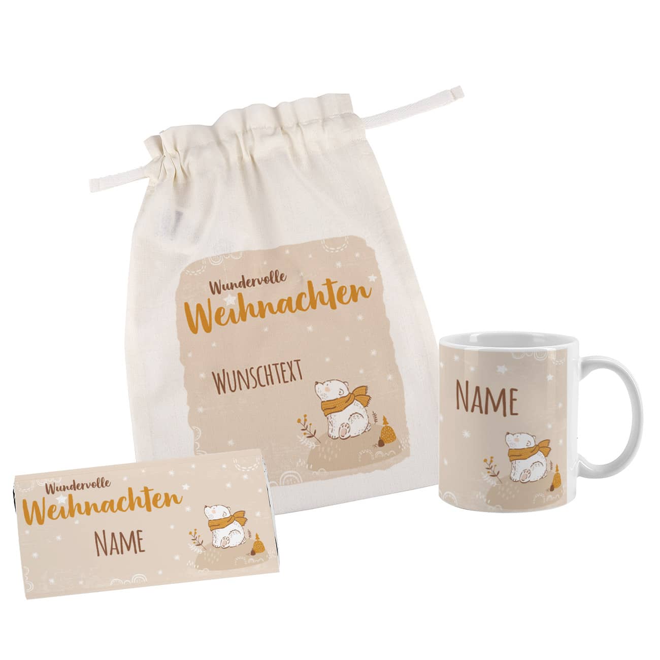 Kleines Geschenkset im bedruckten Beutel zu Weihnachten mit Tasse und Schokolade