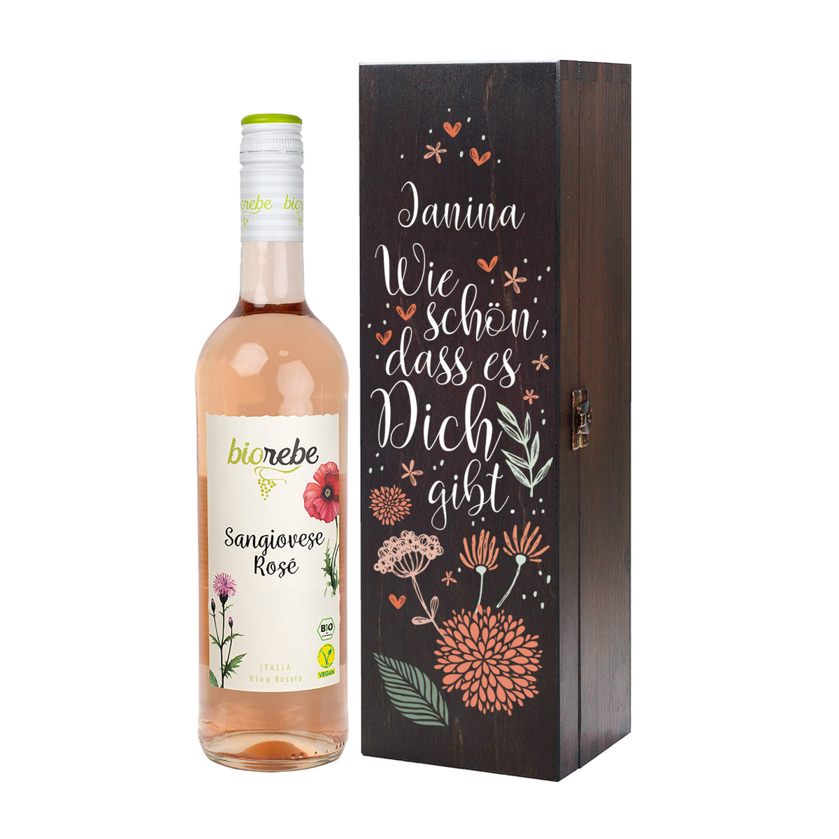 Biorebe Wein in personalisierter Holzbox | Geschenk Set - Wie schön, dass es Dich gibt.
