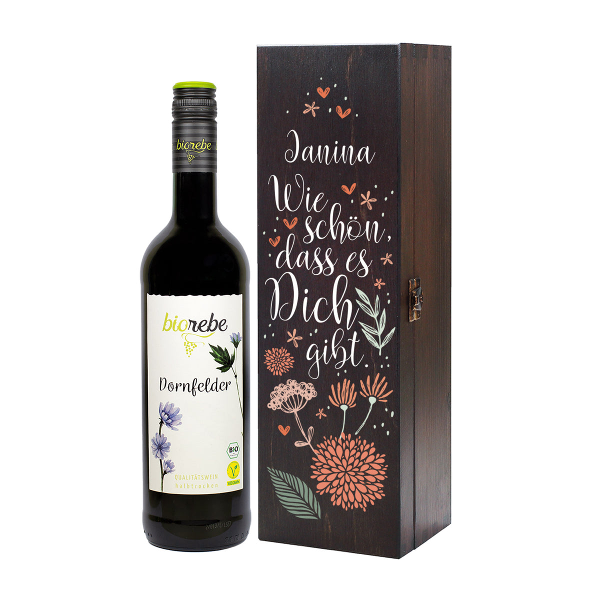 Biorebe Wein in personalisierter Holzbox | Geschenk Set - Wie schön, dass es Dich gibt.