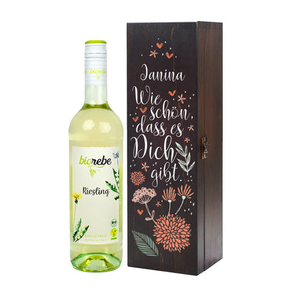 Biorebe Wein in personalisierter Holzbox | Geschenk Set - Wie schön, dass es Dich gibt.