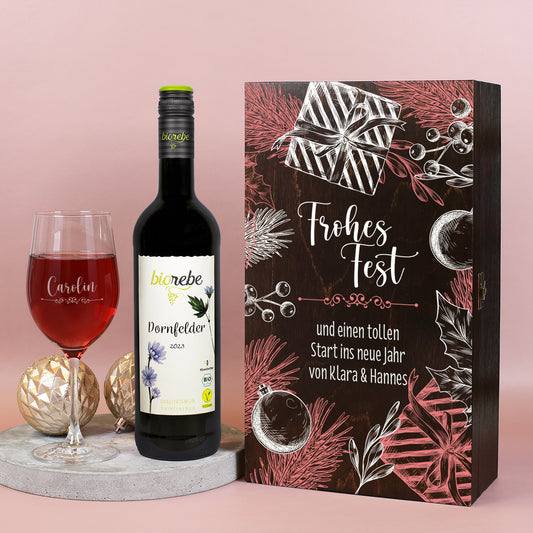 Frohes Fest - Biorebe Wein und Weinglas in weihnachtlicher Holzbox