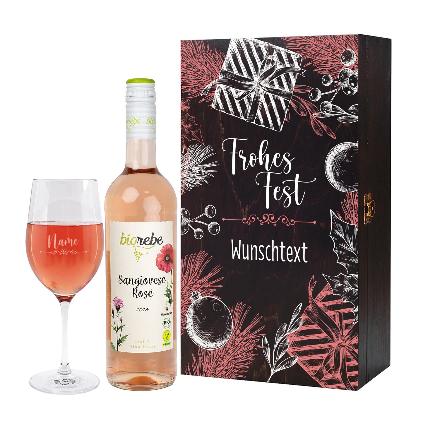 Frohes Fest - Biorebe Wein und Weinglas in weihnachtlicher Holzbox