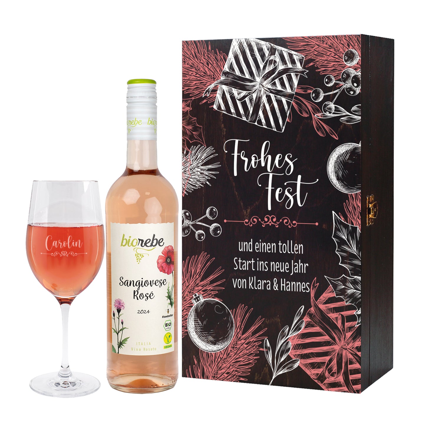 Frohes Fest - Biorebe Wein und Weinglas in weihnachtlicher Holzbox
