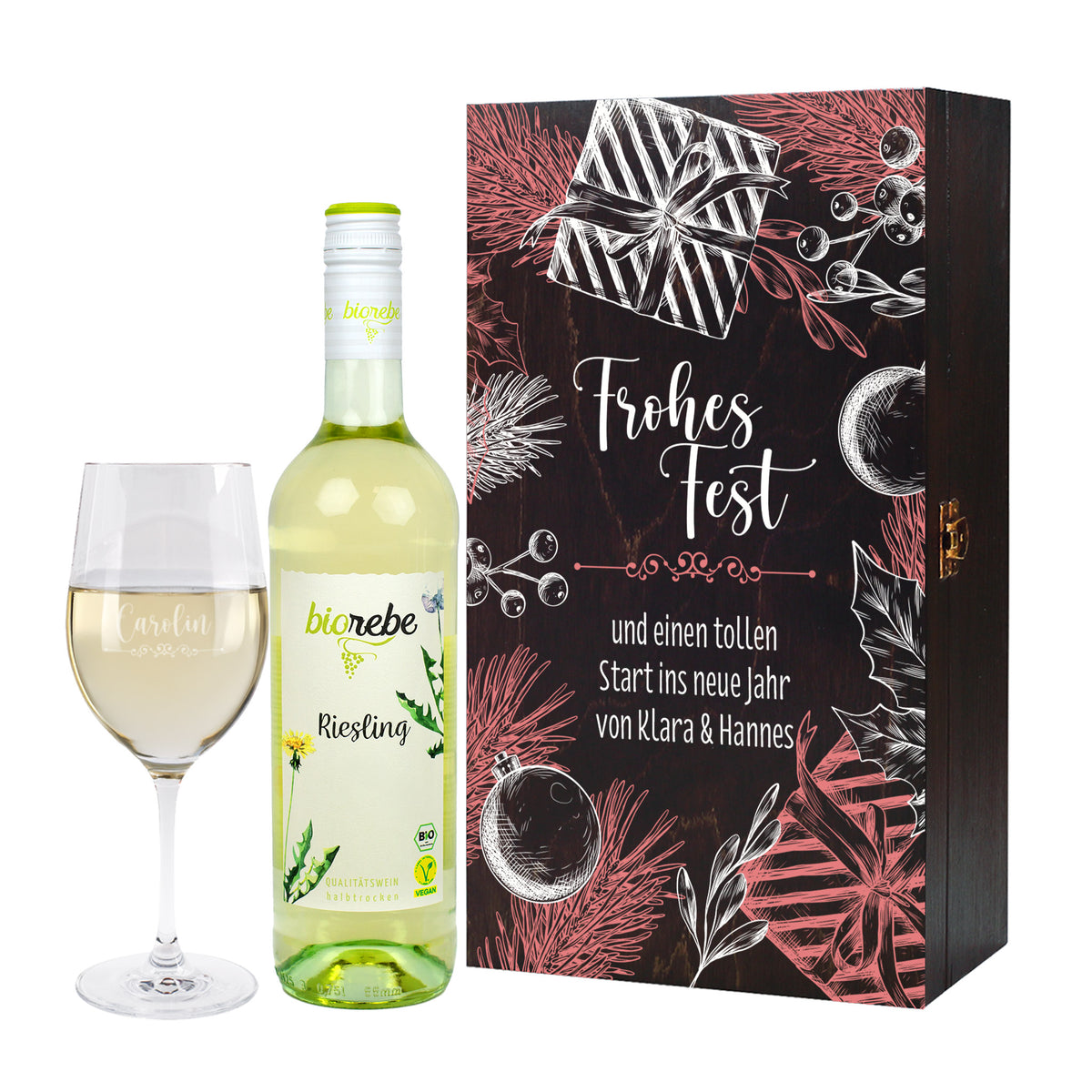 Frohes Fest - Biorebe Wein und Weinglas in weihnachtlicher Holzbox | Geschenk zu Weihnachten