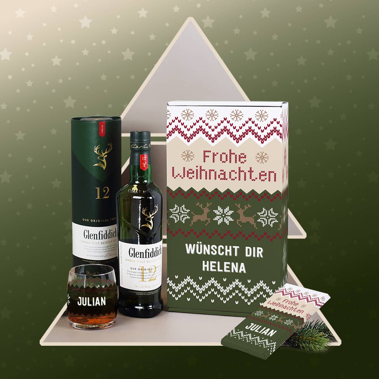 Whisky-Set als persönliches Weihnachtsgeschenk mit Whisky, Whiskyglas, Geschenkbox und Schokolade