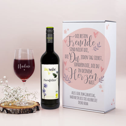 Wein Geschenkset für die beste Freundin mit Weinglas und Pappbox | 3 Sorten Biorebe
