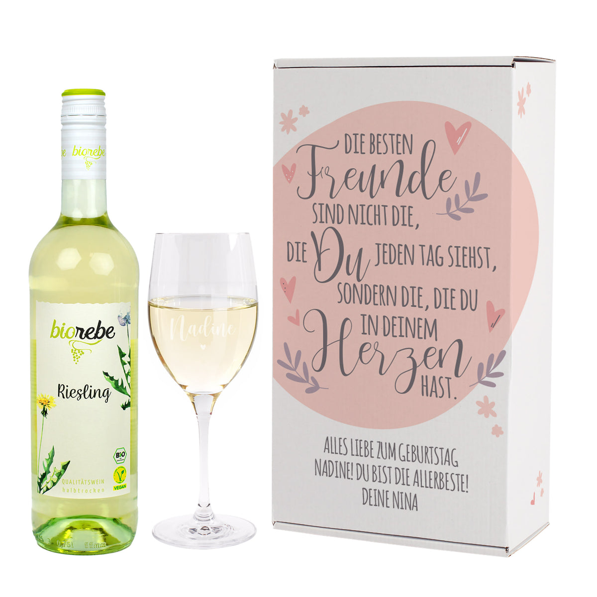 Wein Geschenkset für die beste Freundin mit Weinglas und Pappbox | 3 Sorten Biorebe