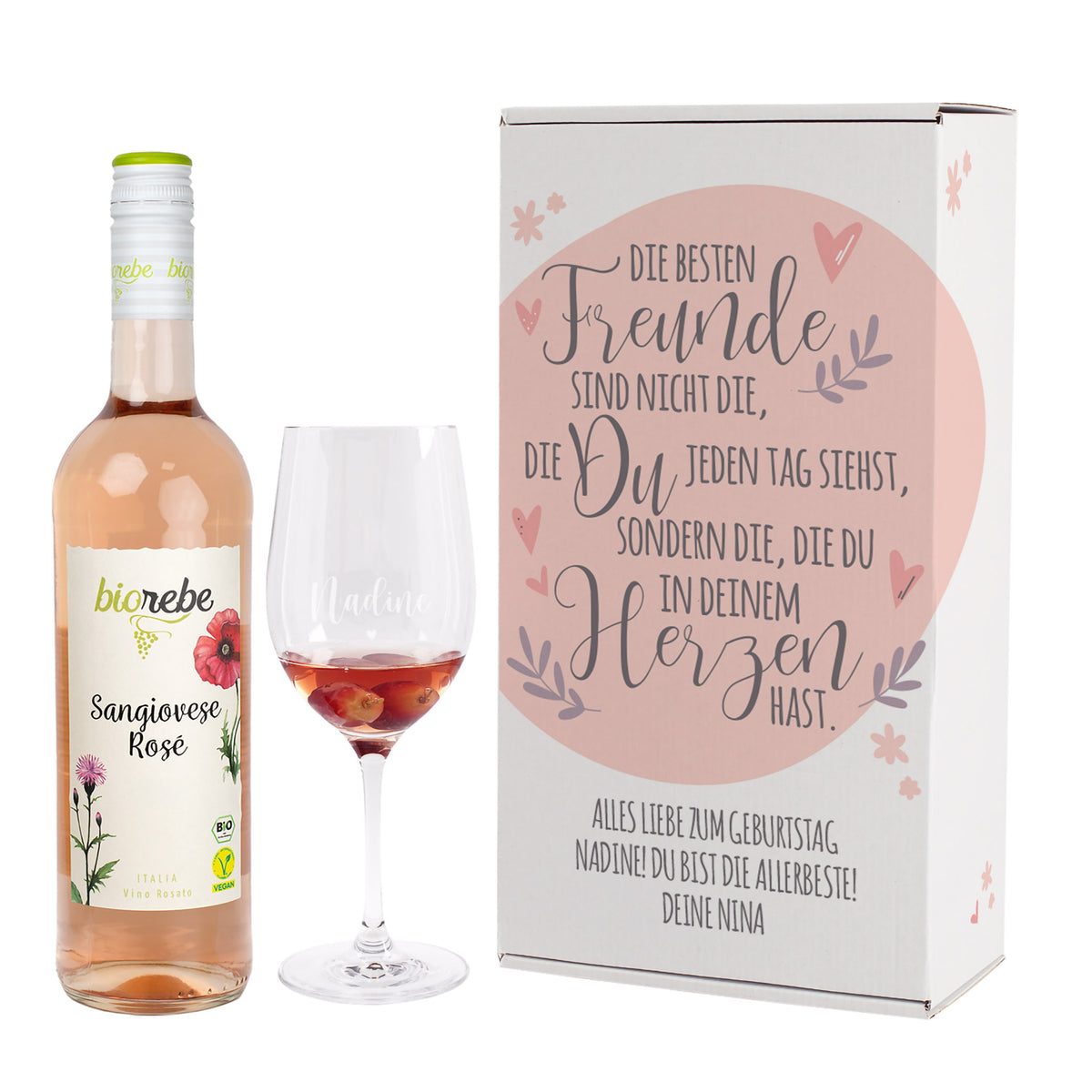 Wein Geschenkset für die beste Freundin mit Weinglas und Pappbox | 3 Sorten Biorebe