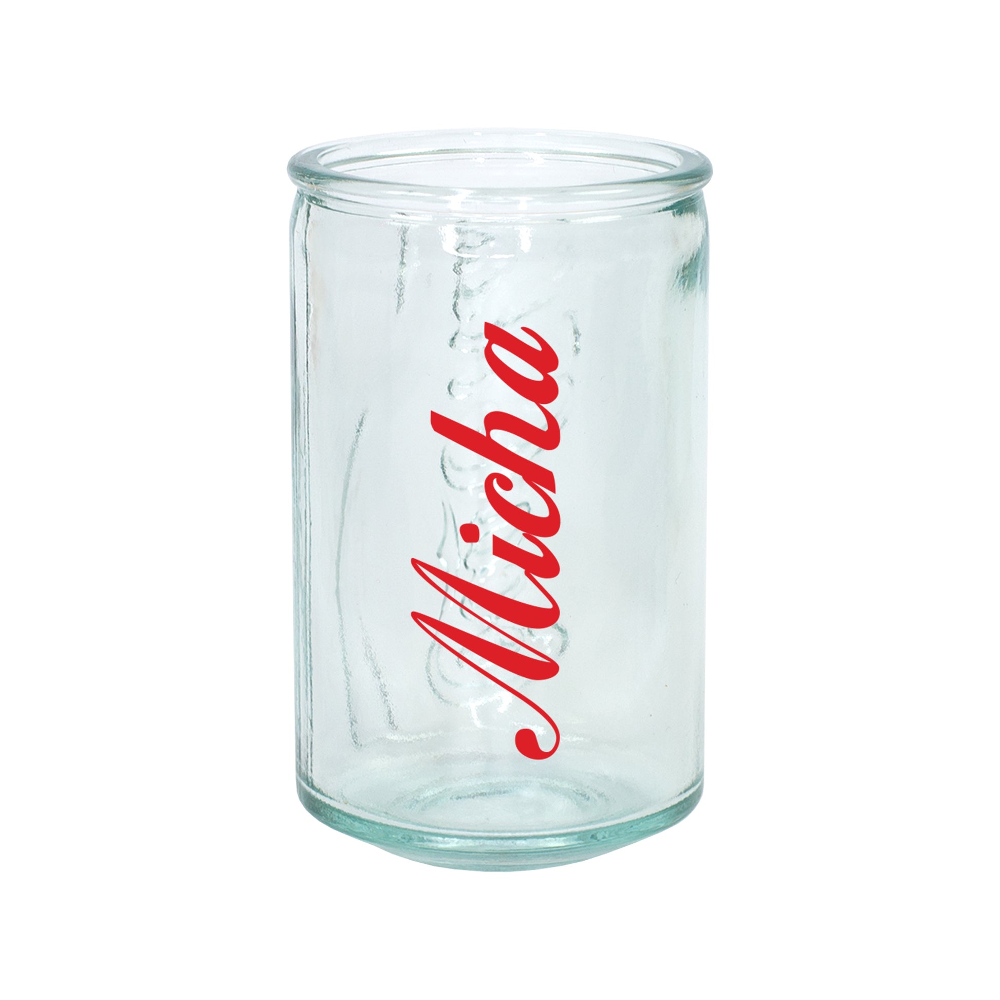 Freigestelltes personalisiertes Coca-Cola Shotglas mit rotem Namen Micha und geprägtem Schriftzug