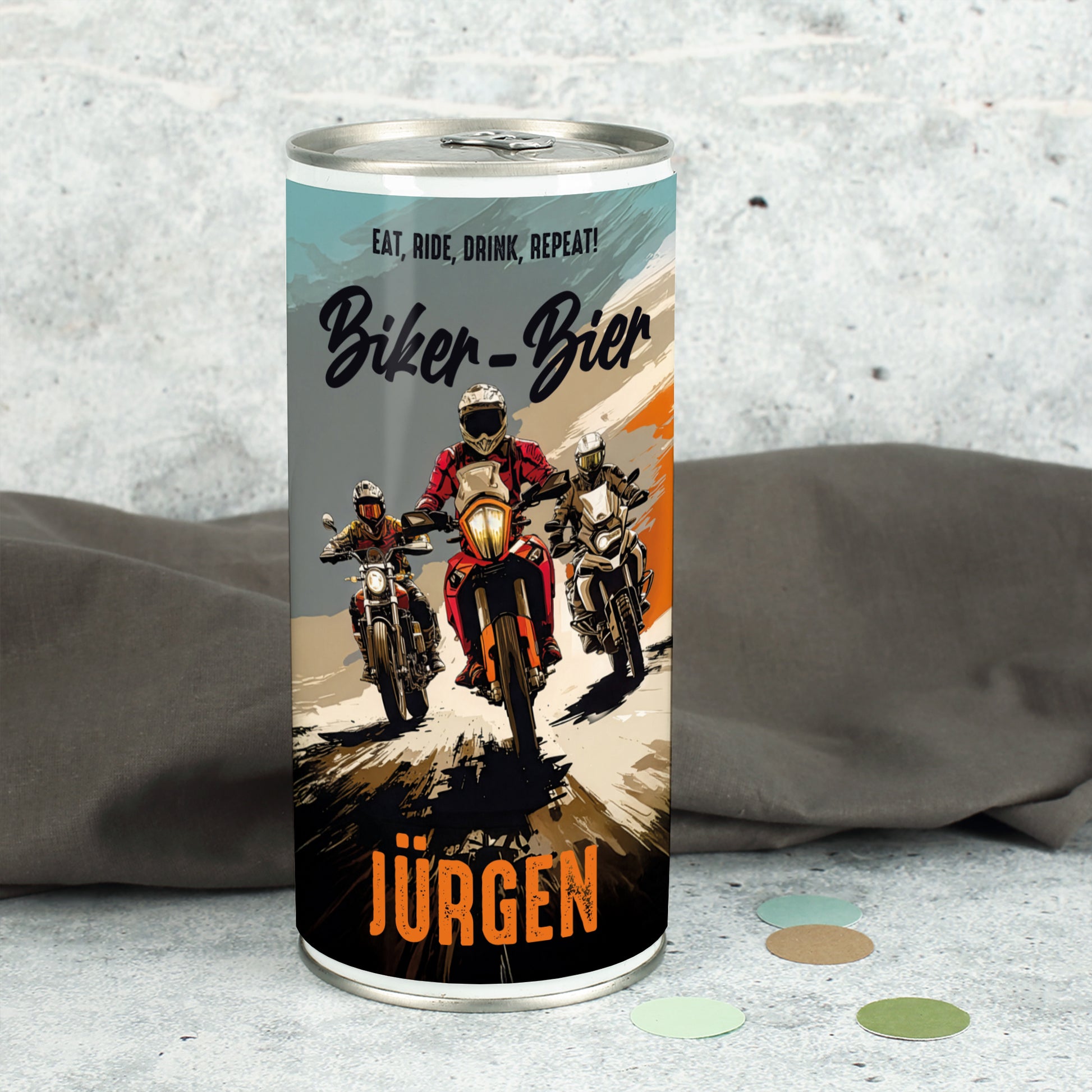 Umlaufend bedruckte Biker-Bierdose mit Wunschtext und Motorradmotiv, personalisiert mit Name Jürgen