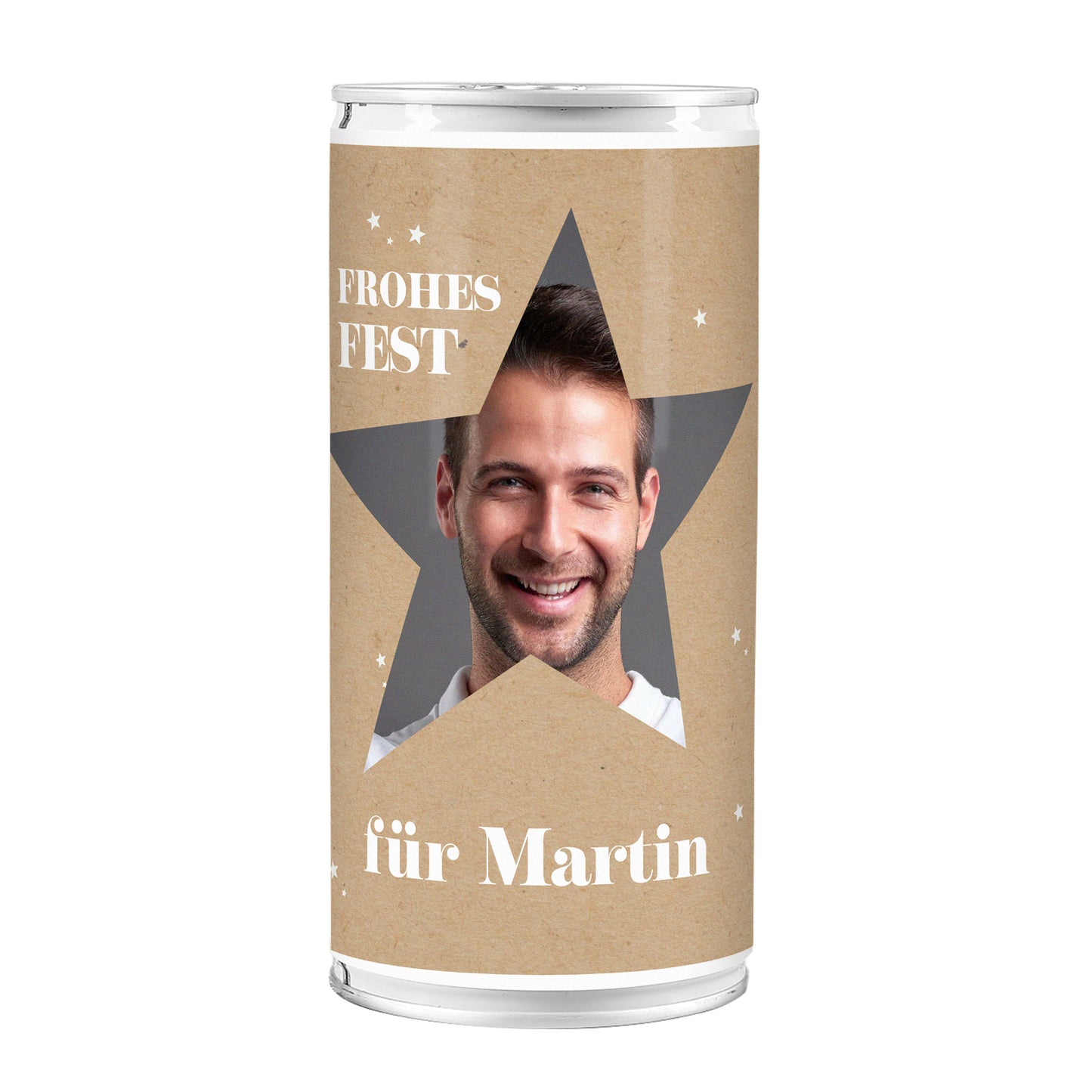 Freigestellte XL-Bierdose mit Sternmotiv, Frohes-Fest-Aufdruck und personalisiertem Foto im großen Stern-Ausschnitt.