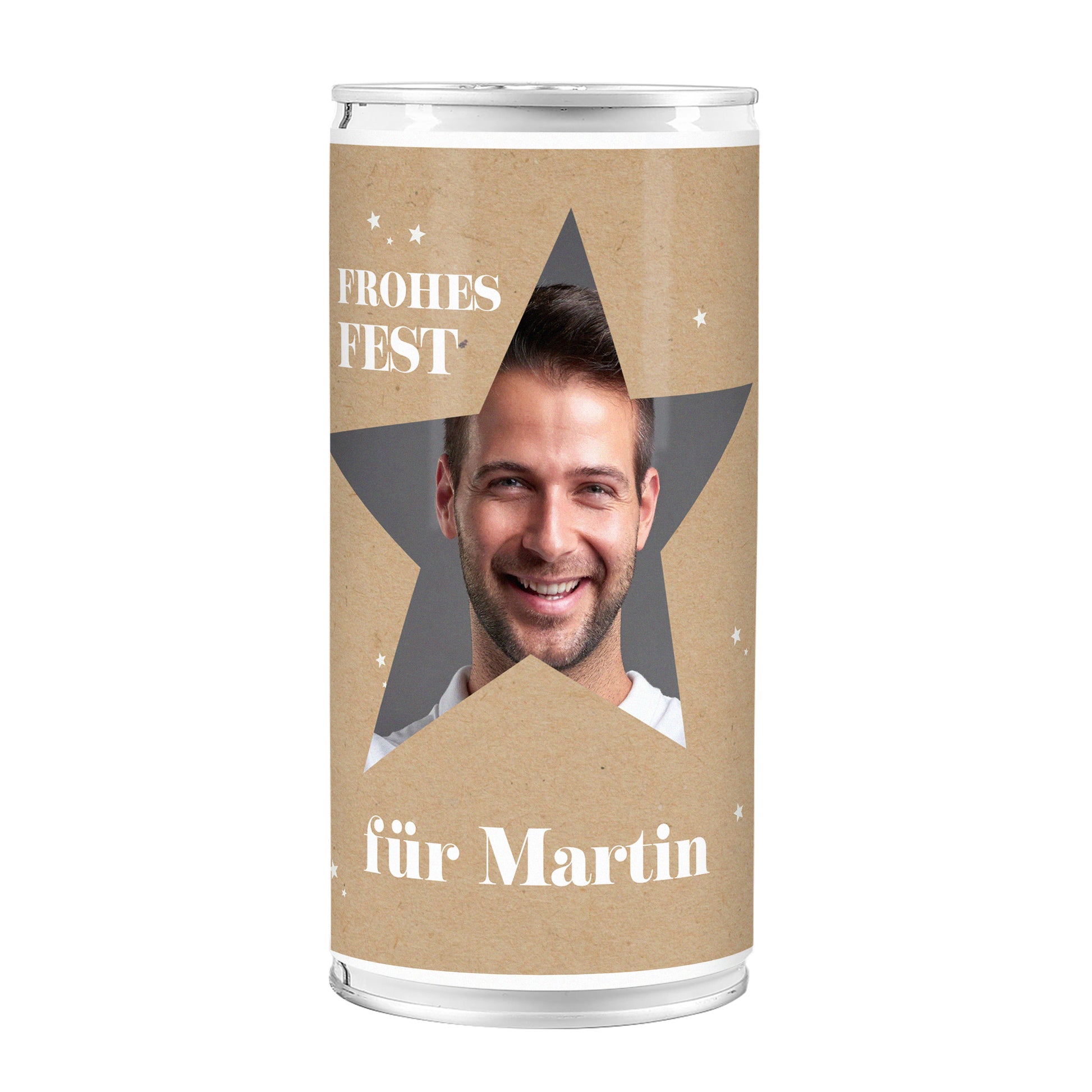 Freigestellte XL-Bierdose mit Sternmotiv, Frohes-Fest-Aufdruck und personalisiertem Foto im großen Stern-Ausschnitt.
