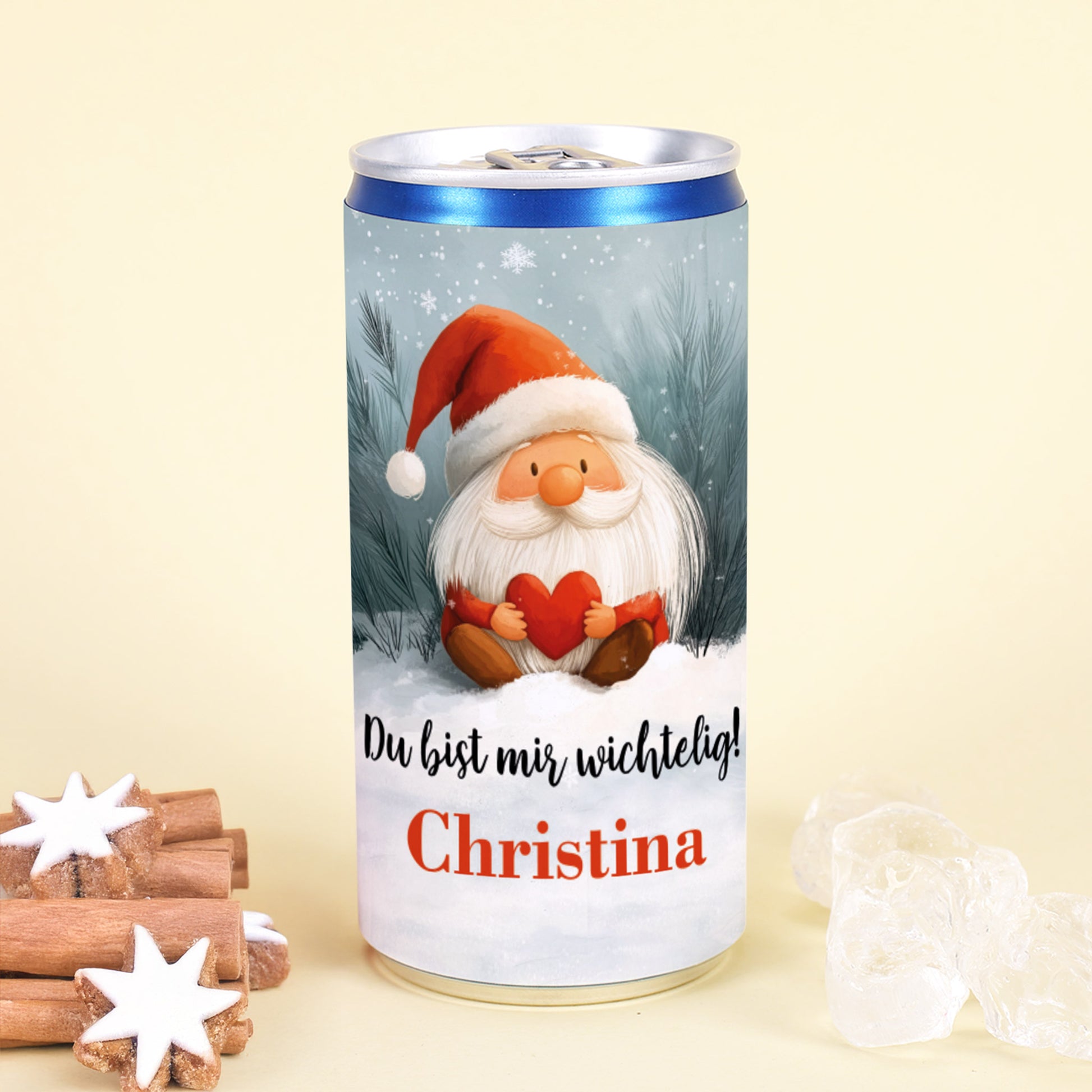 Personalisierte Prosecco-Dose mit Wichtel, Herz und Text Du bist mir wichtelig – Name Christina