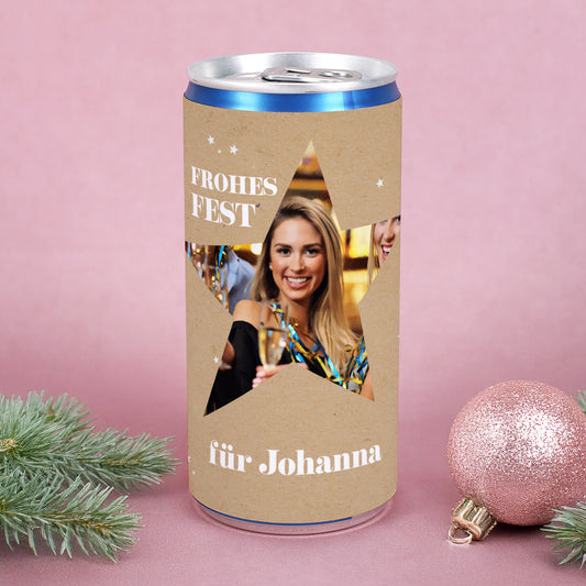 Personalisierte Secco-Dose mit Foto im Stern & Wunschtext | Frohes Fest Geschenk zu Weihnachten
