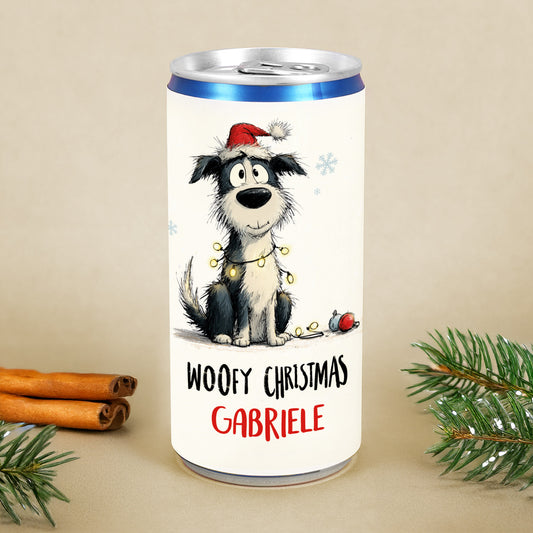 Prosecco-Dose mit Hund im Weihnachtsdesign und Name Gabriele – Woofy Christmas