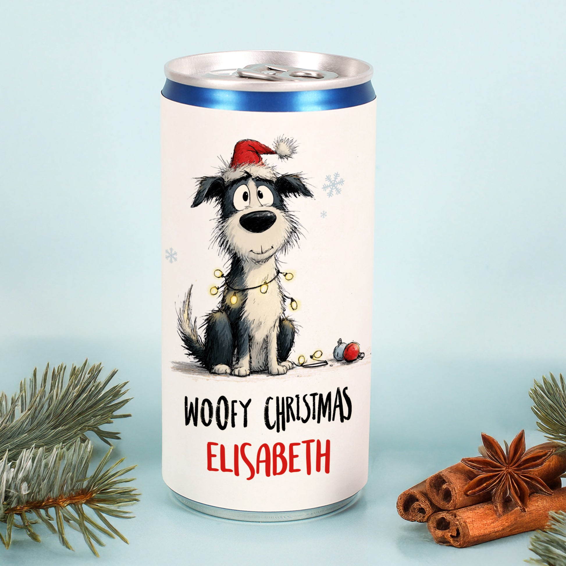 Weihnachts-Prosecco-Dose mit Hundemotiv, Schriftzug Woofy Christmas und Name Elisabeth