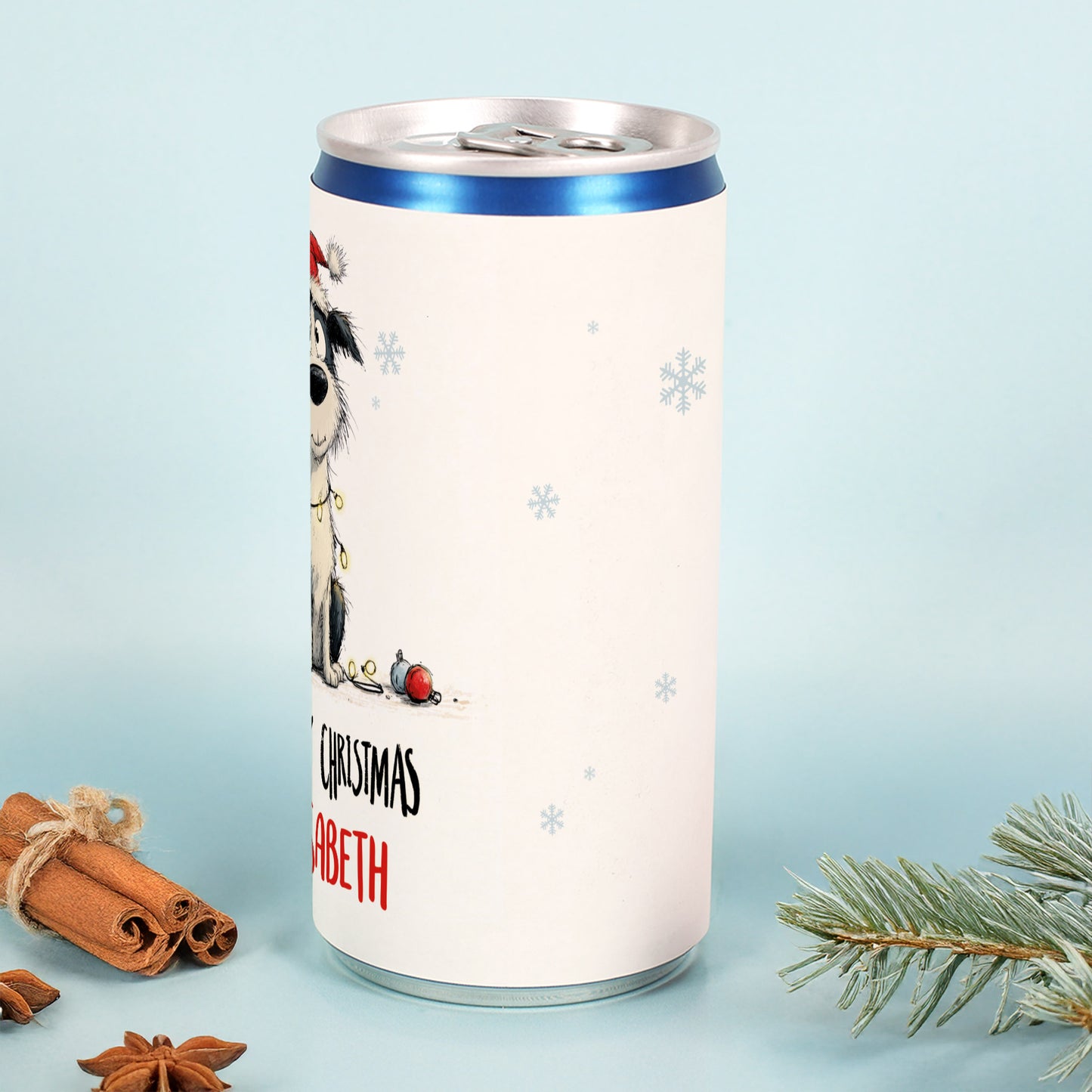 Seitenansicht der personalisierten Woofy-Christmas-Prosecco-Dose mit Schneeflocken-Design