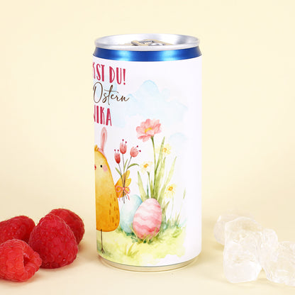 Detailansicht Secco-Dose mit Küken, Ostereiern und Frühlingsblumen