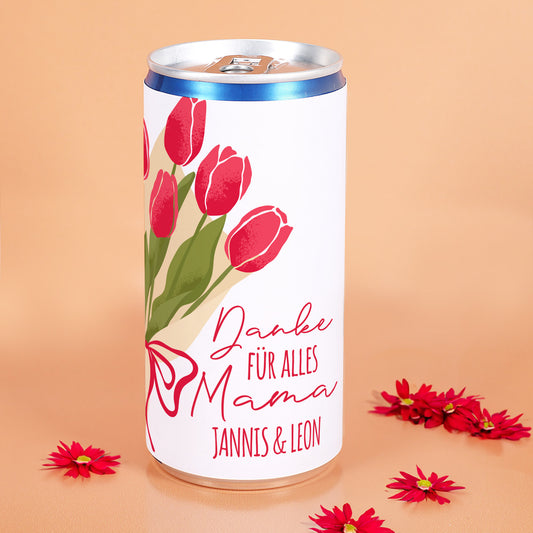 City Secco Dose mit Blumenmotiv und personalisierten Namen Jannis und Leon auf warmem Hintergrund mit roten Blumen