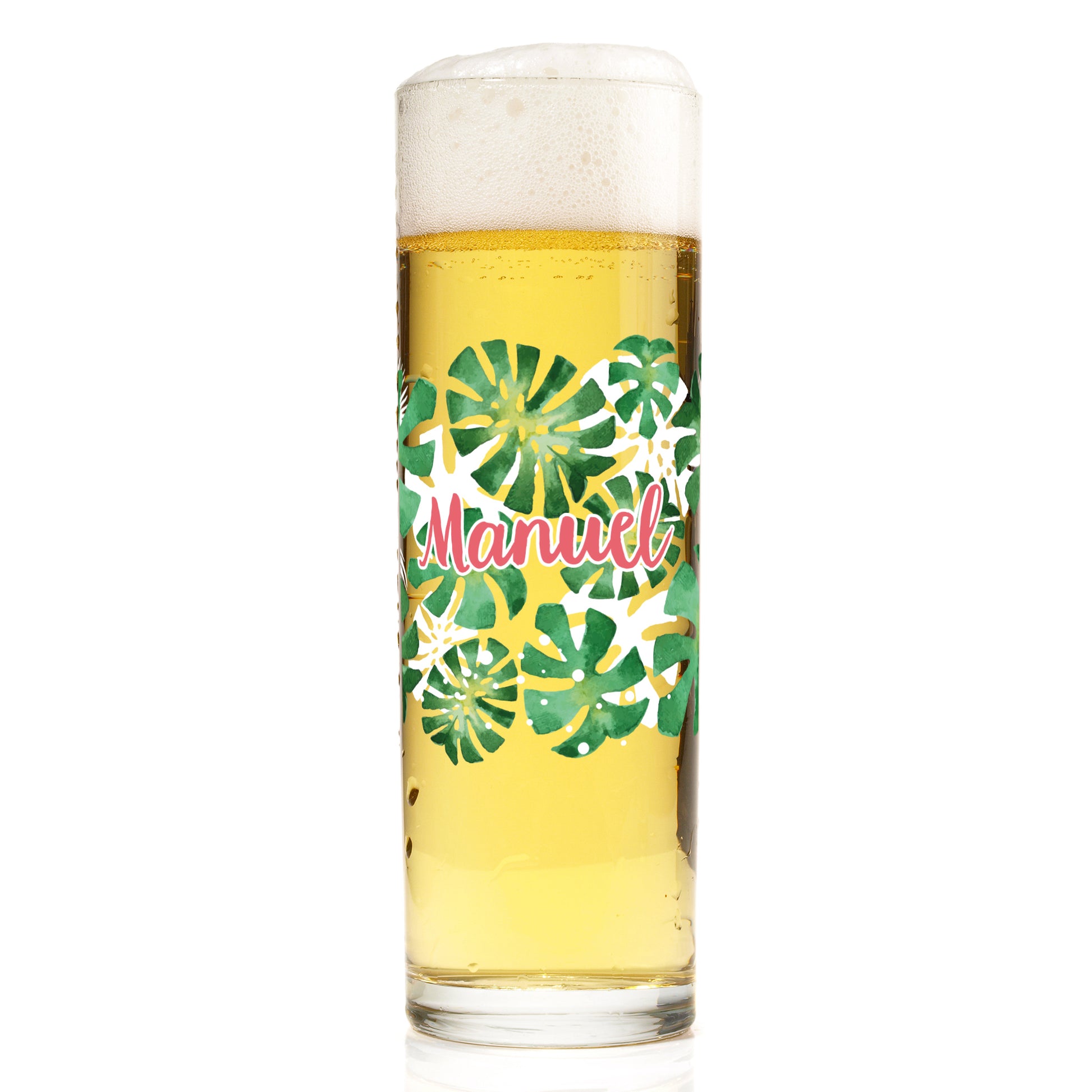 Kölschstange aus Glas mit Monstera-Motiv, Name Manuel und gefülltem Bier