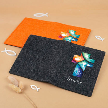 Personalisierte Buchhülle für Gotteslob & Gesangbuch mit Watercolor Kreuz | Anthrazit oder Orange (neu)
