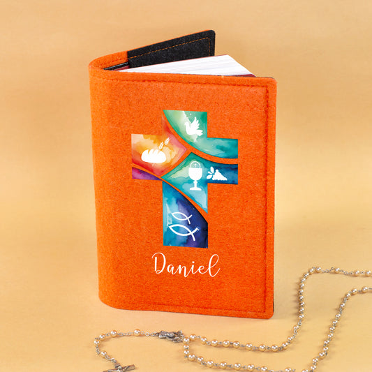Personalisierte Buchhülle für Gotteslob & Gesangbuch mit Watercolor Kreuz | Anthrazit oder Orange