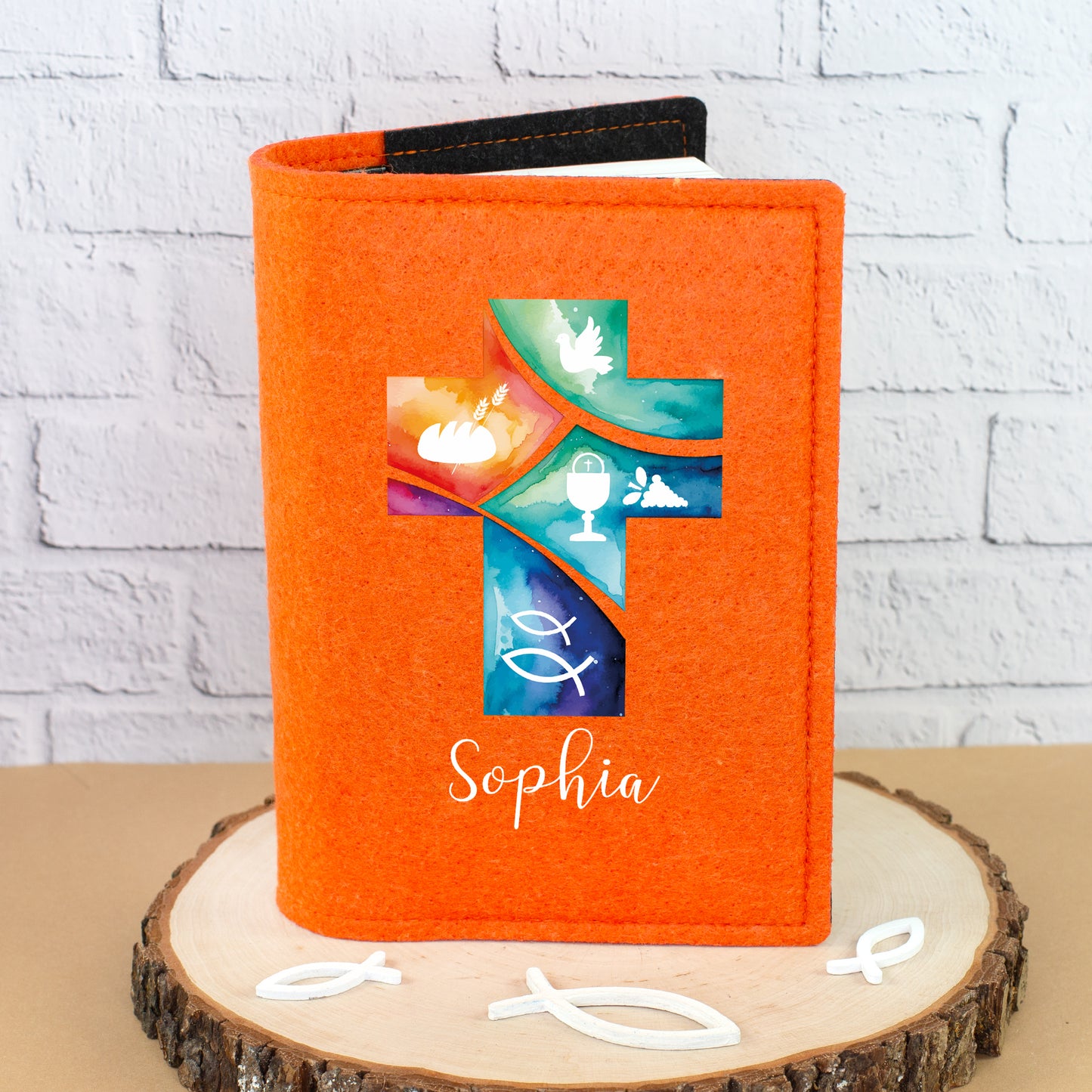 Personalisierte Buchhülle für Gotteslob & Gesangbuch mit Watercolor Kreuz | Anthrazit oder Orange (neu)