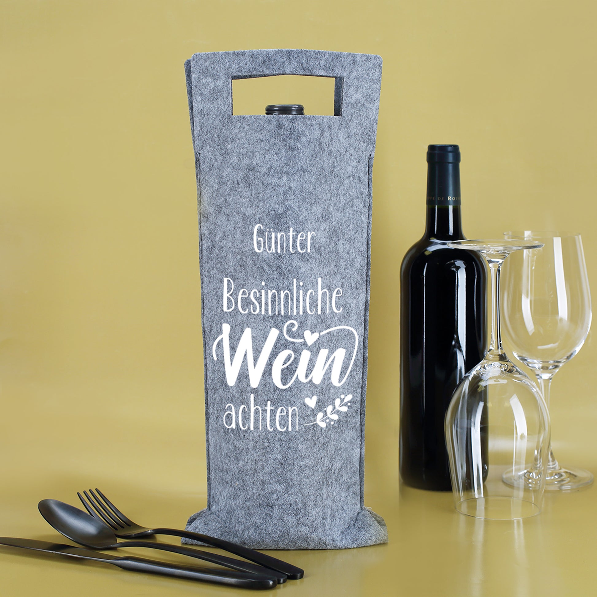 Filz-Weintasche mit Aufdruck „Besinnliche WEINachten“ und Wunschname, Geschenkidee für Weihnachten und Nikolaus