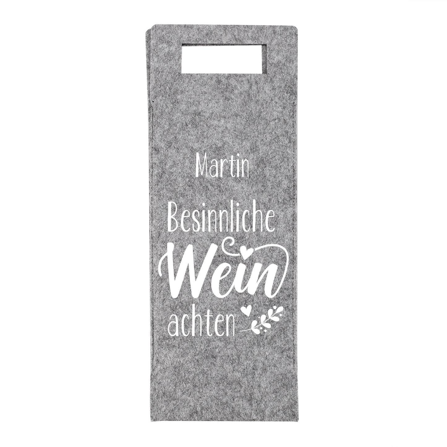 Personalisierte Flaschentasche aus grauem Filz mit Weihnachtsmann-Motiv und Name, nachhaltige Geschenkverpackung für Weinflaschen