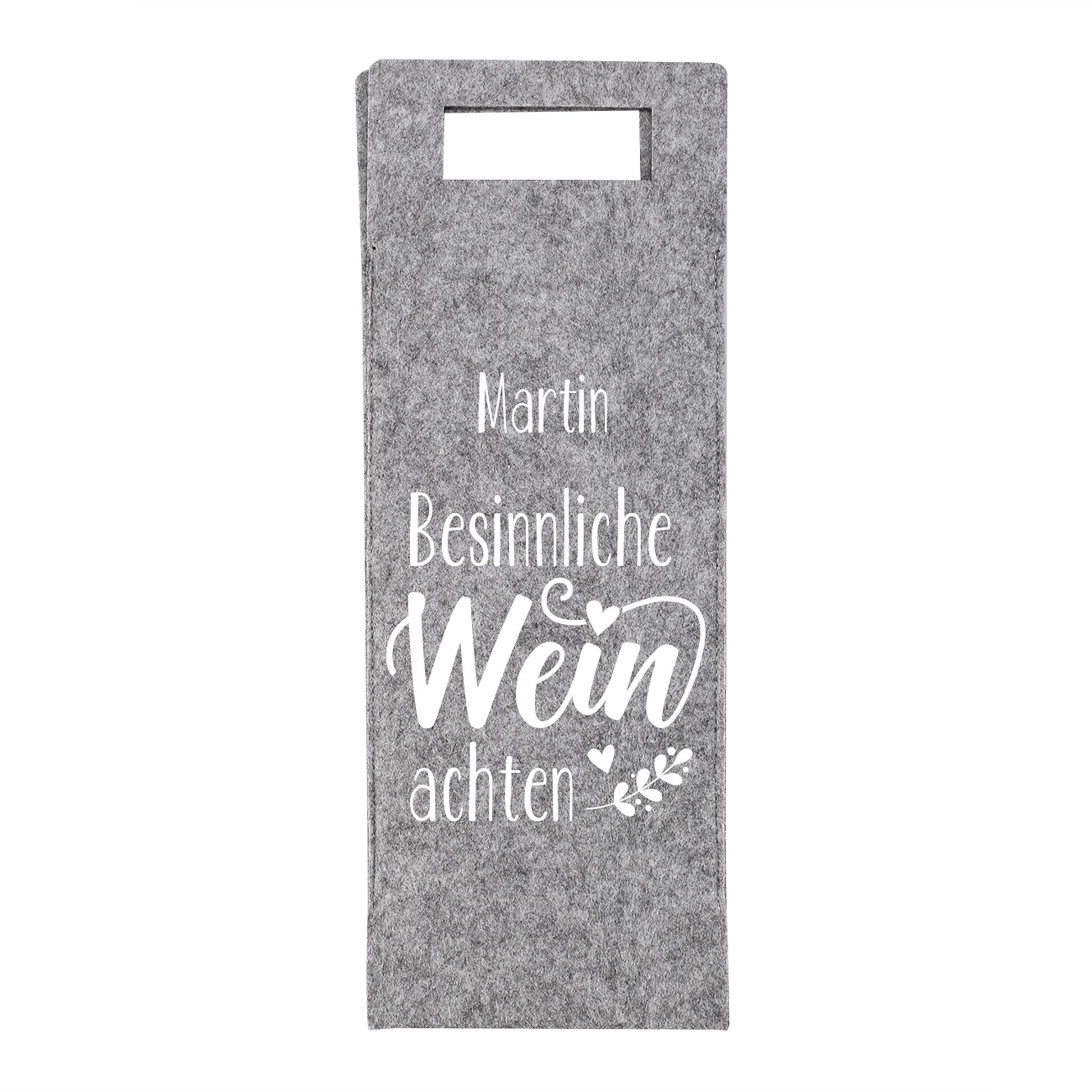 Personalisierte Flaschentasche aus grauem Filz mit Weihnachtsmann-Motiv und Name, nachhaltige Geschenkverpackung für Weinflaschen