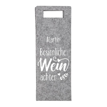 Personalisierte Flaschentasche aus grauem Filz mit Weihnachtsmann-Motiv und Name, nachhaltige Geschenkverpackung für Weinflaschen