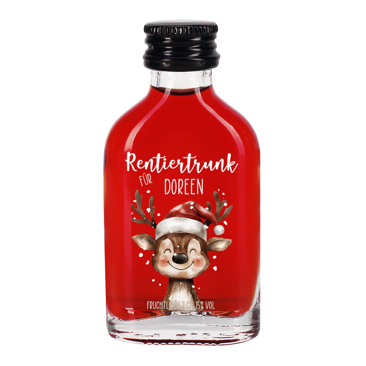 Freigestellte Aufnahme der roten Fruchtlikör-Flasche „Rentiertrunk für Doreen“ mit Rentiermotiv, schwarzer Schraubverschluss, weißer Hintergrund.