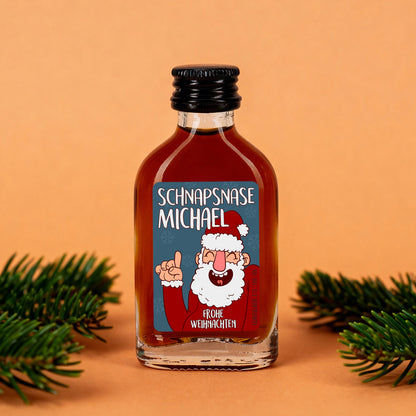 Mini Schnapsflasche mit Name Michael und Schnapsnase Weihnachtsmotiv als Wichtelgeschenk