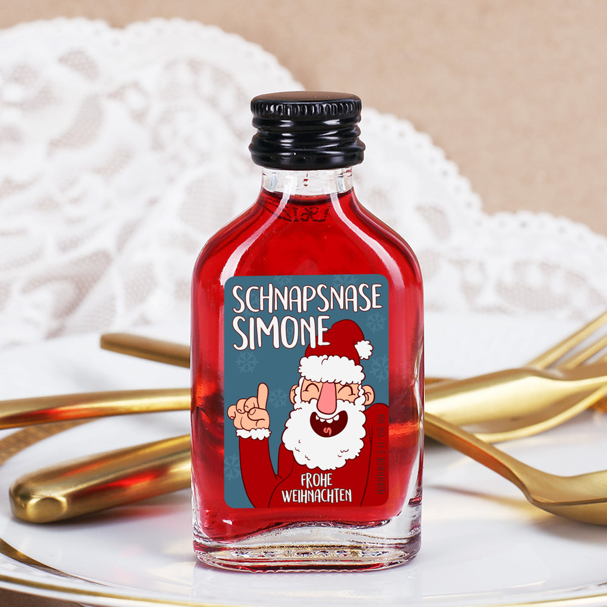 Personalisierte Mini Schnapsflasche mit Name Simone und Frohe Weihnachten Motiv