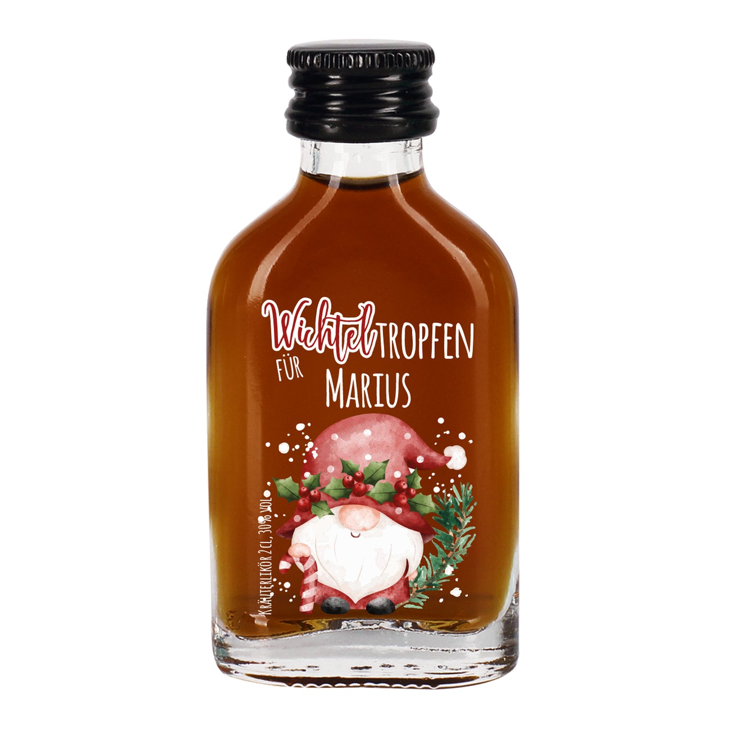 Freigestellte Mini-Likörflasche mit dunklem Kräuterlikör und personalisiertem Wichtelmotiv.