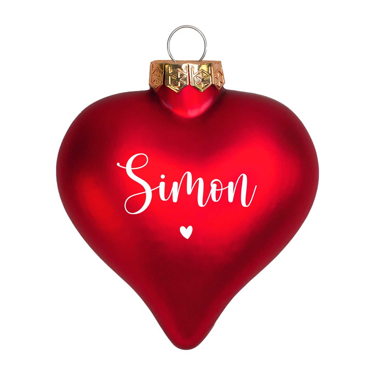 Freigestellte, matte Herz-Christbaumkugel mit weißem Namen „Simon“ und Metallöse vor weißem Hintergrund.