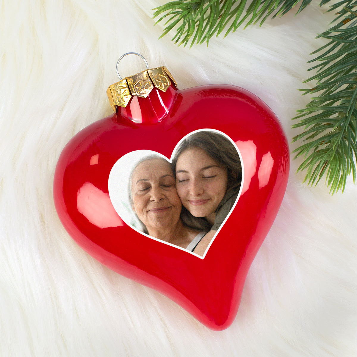 Christbaumkugel als Herz personalisiert mit Foto für Paare und Familie –